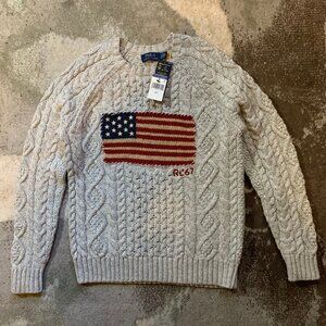 Polo Ralph Lauren Aran Cable Knit American Flag Sweater Small